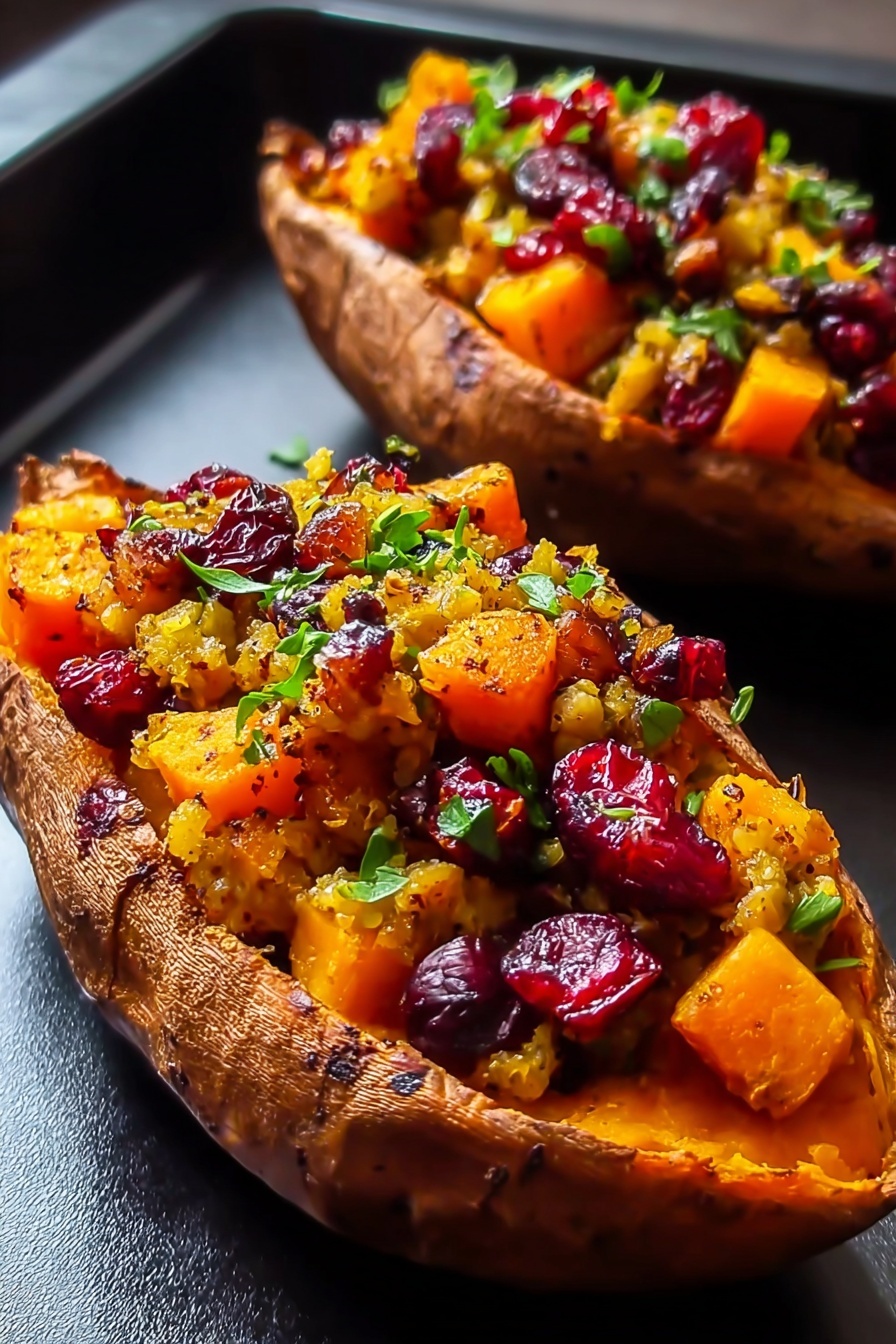 A close up of a sweet potato with a topping of cranberry and apple.
