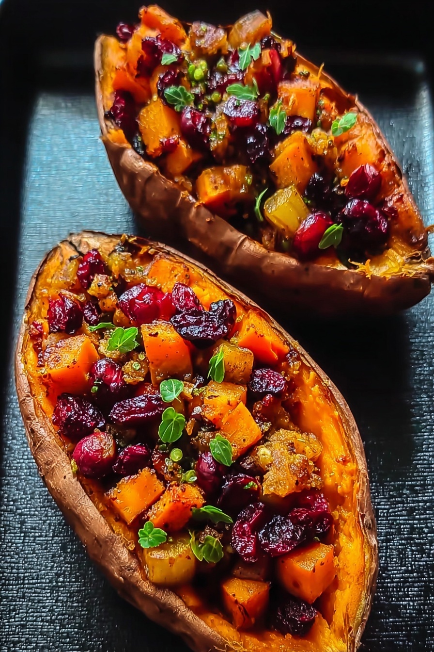 Sweet potatoes with cranberry and apple toppings.