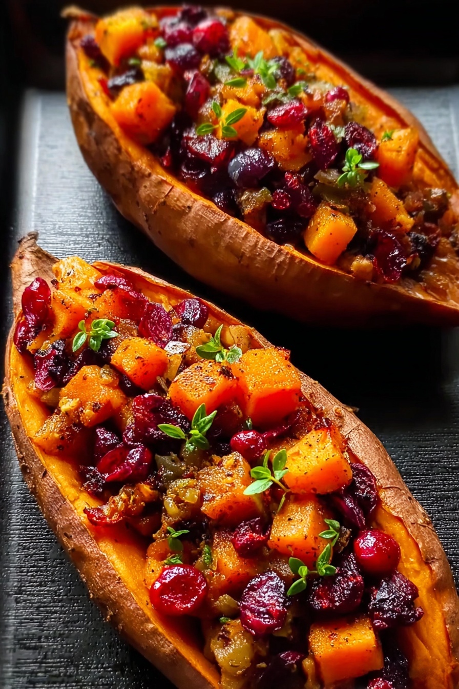 Sweet potatoes with cranberry and apple toppings.