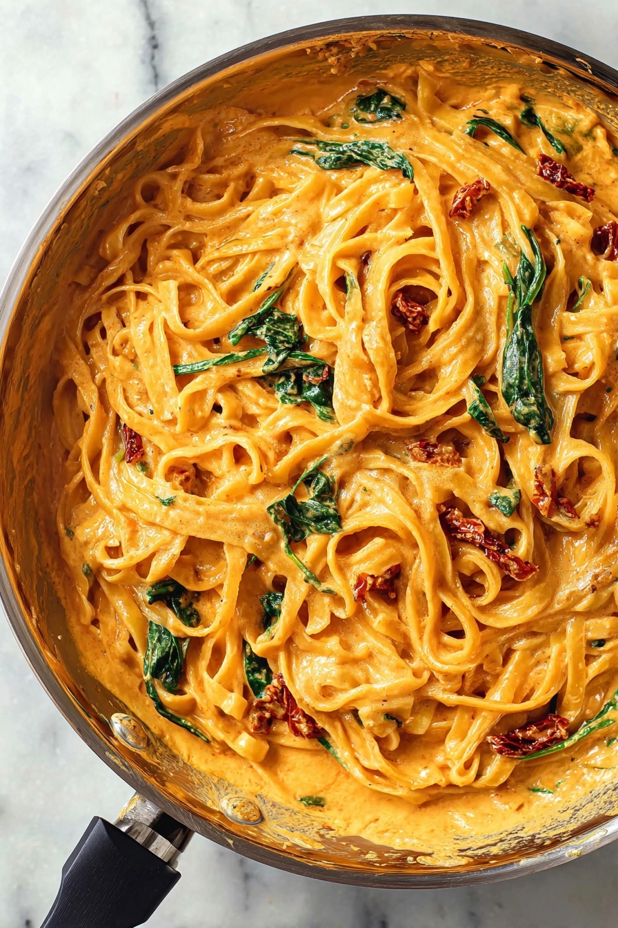 A bowl of pasta with spinach and red peppers.