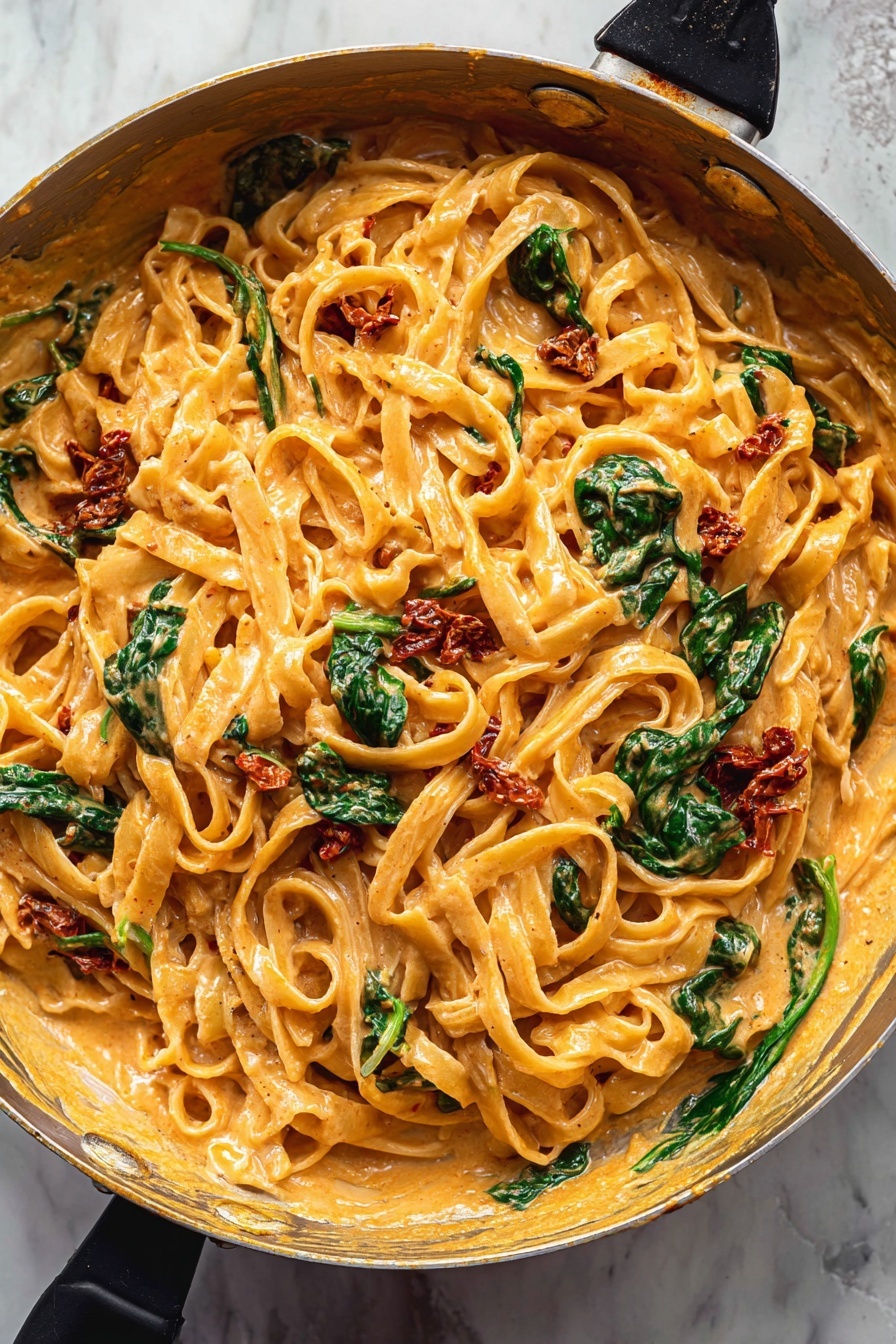 A bowl of pasta with spinach and red peppers.