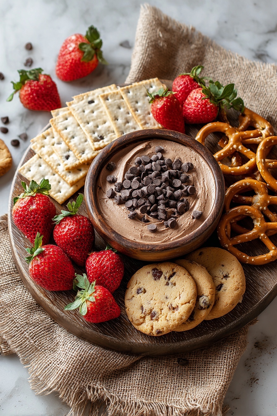 A plate of food with a brownie batter dip.