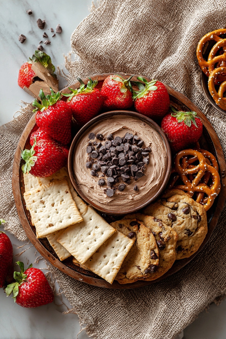 A plate of food with a brownie batter dip.