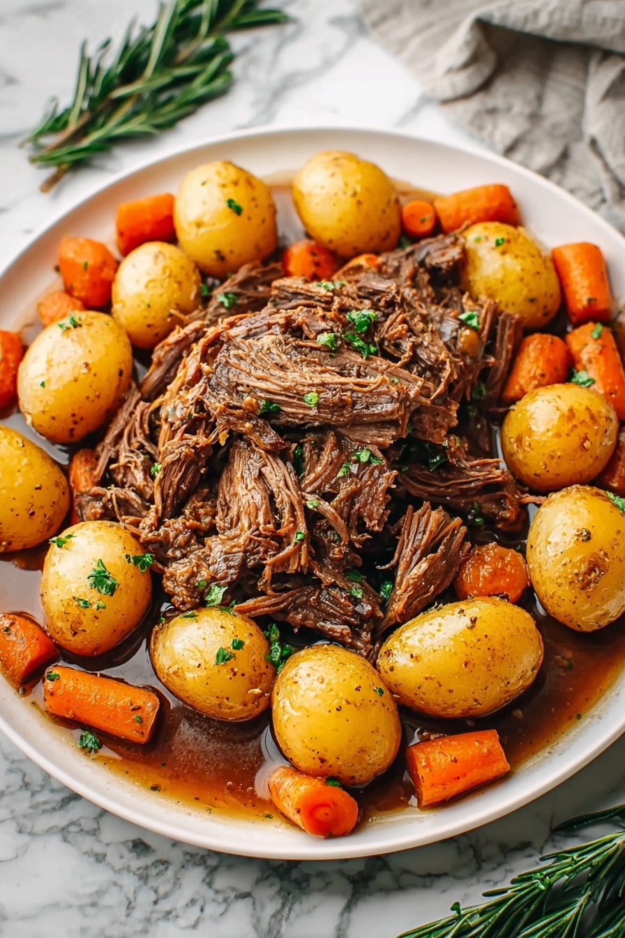 A plate of food with potatoes, carrots, and beef.