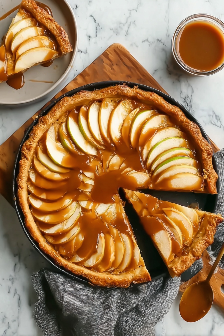 A slice of apple pie with caramel drizzle.