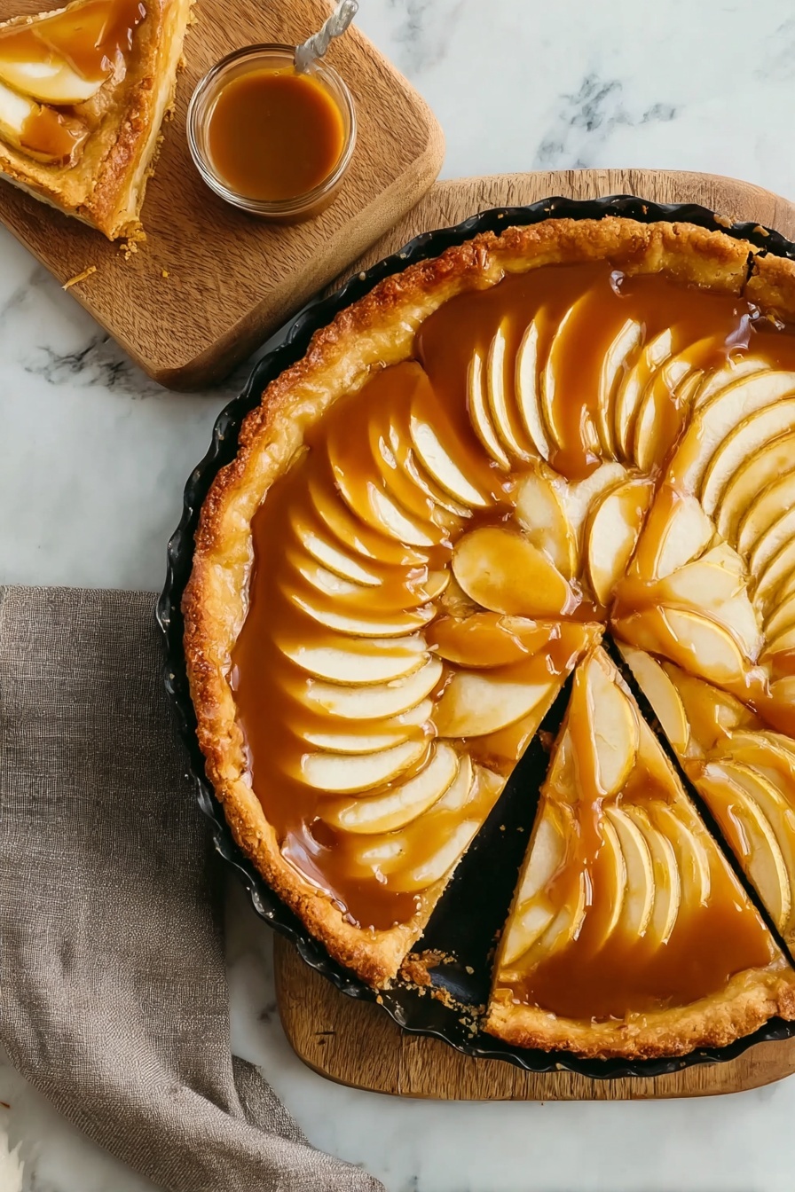 A slice of apple pie with caramel drizzle.