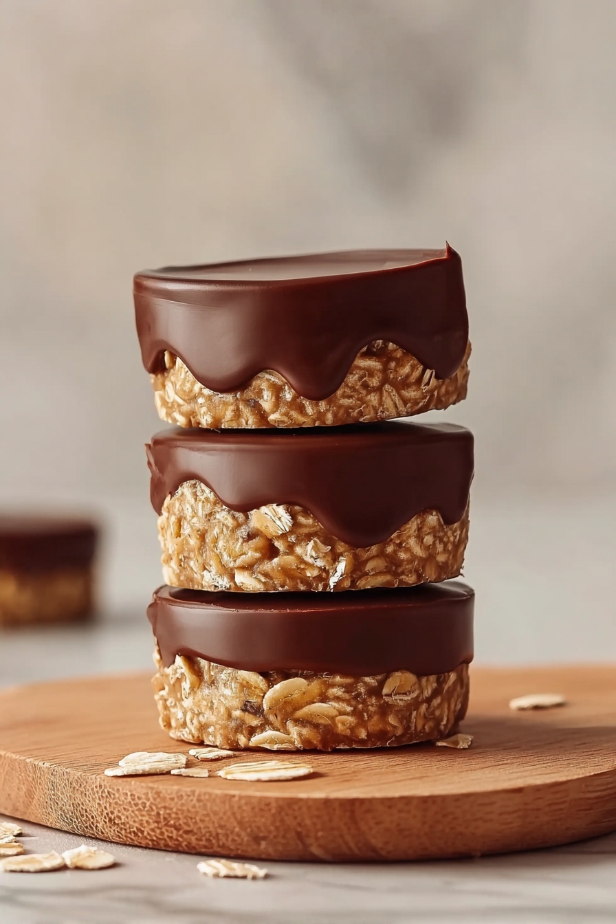 Three stacked chocolate cups with oat toppings.