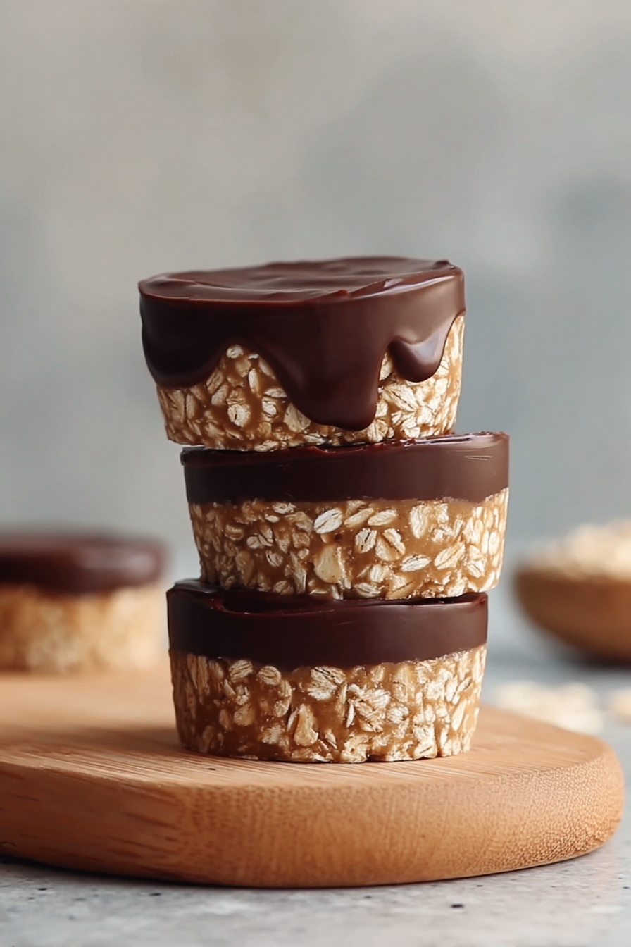 A stack of three chocolate cakes with nuts on top.