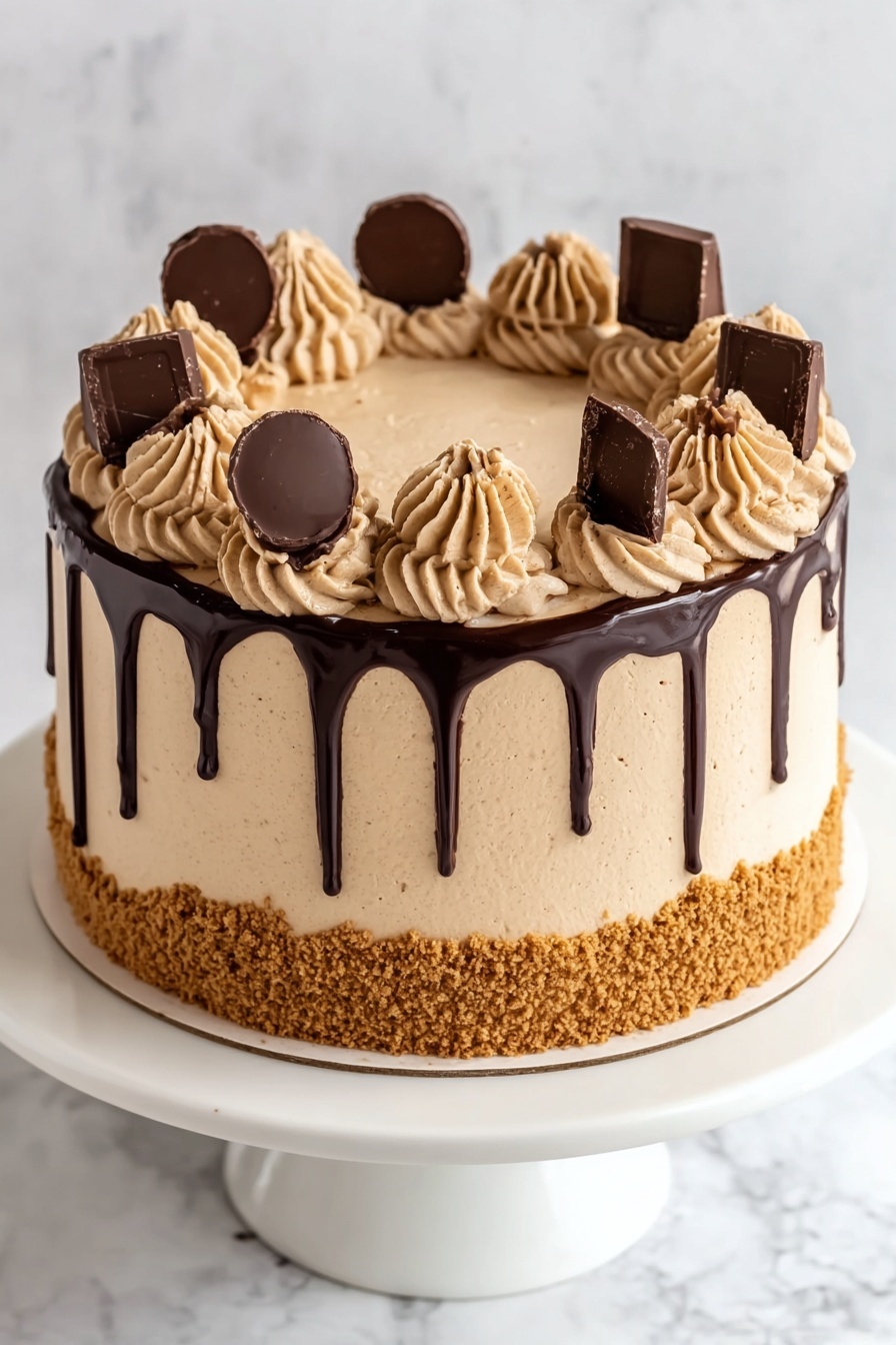 A chocolate peanut butter cake with drizzled chocolate.