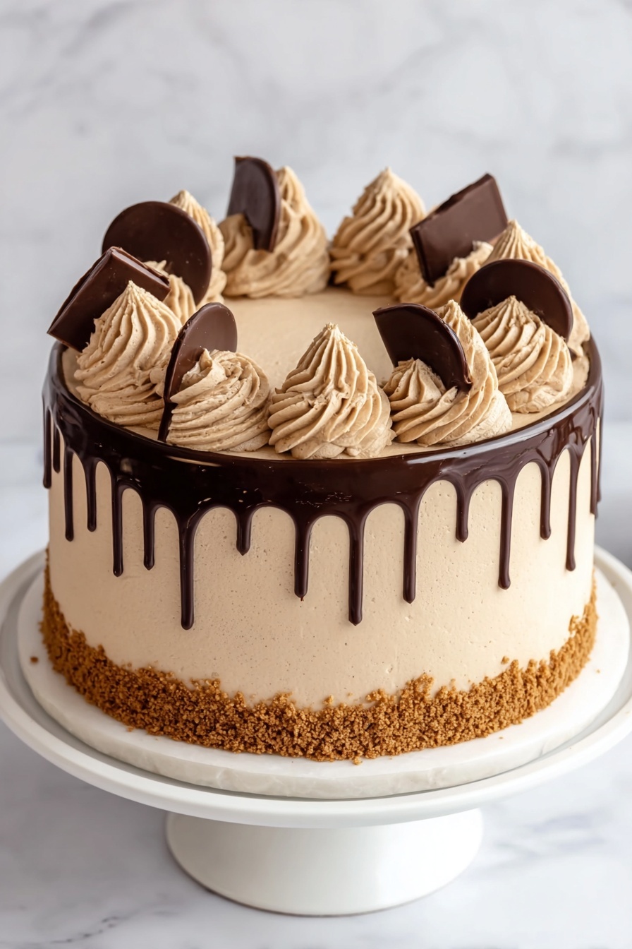 A chocolate peanut butter cake with drizzled chocolate.