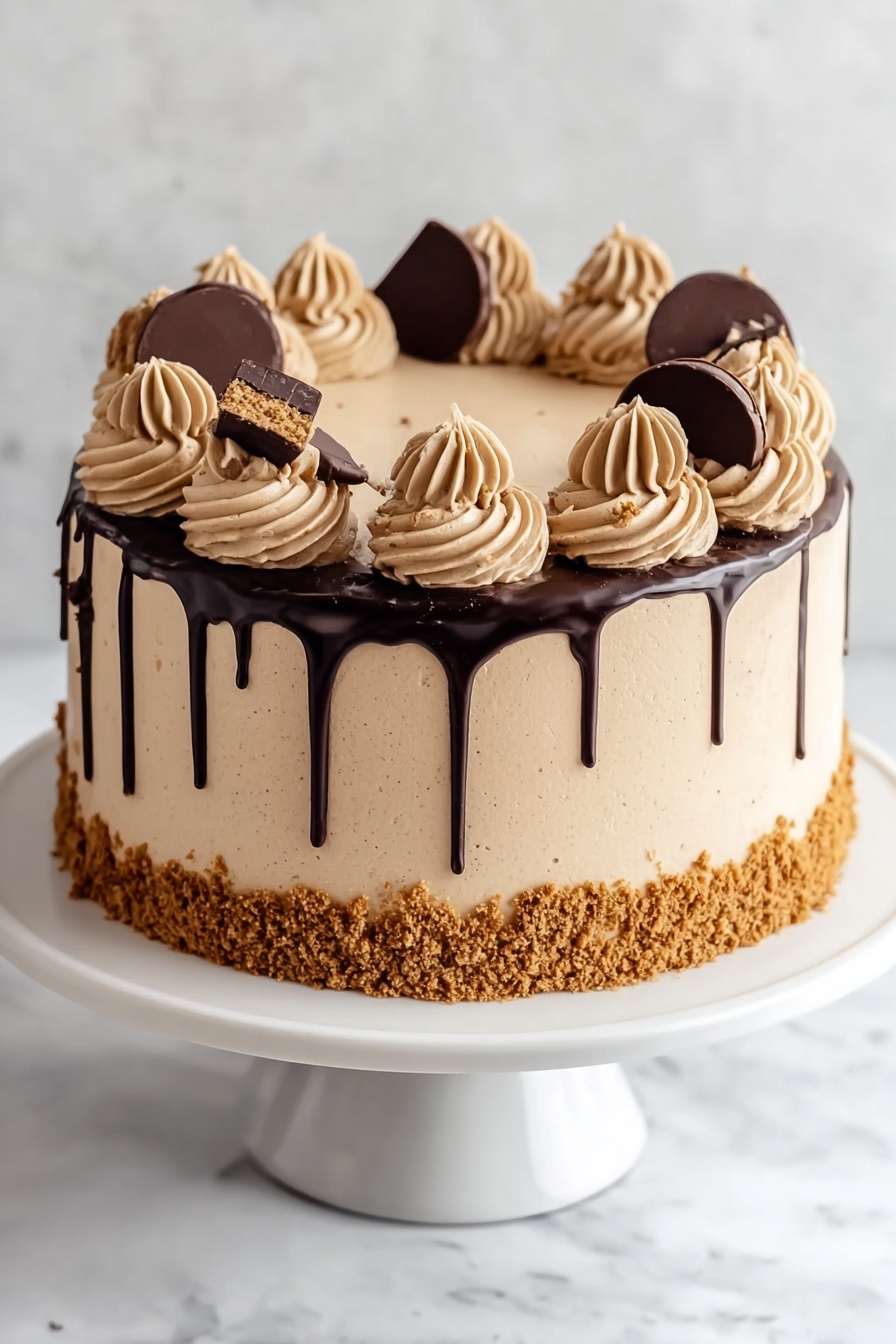 A chocolate peanut butter cake with drizzled chocolate.
