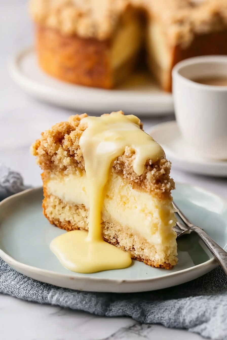 A slice of Irish apple cake with a dollop of butter on top.
