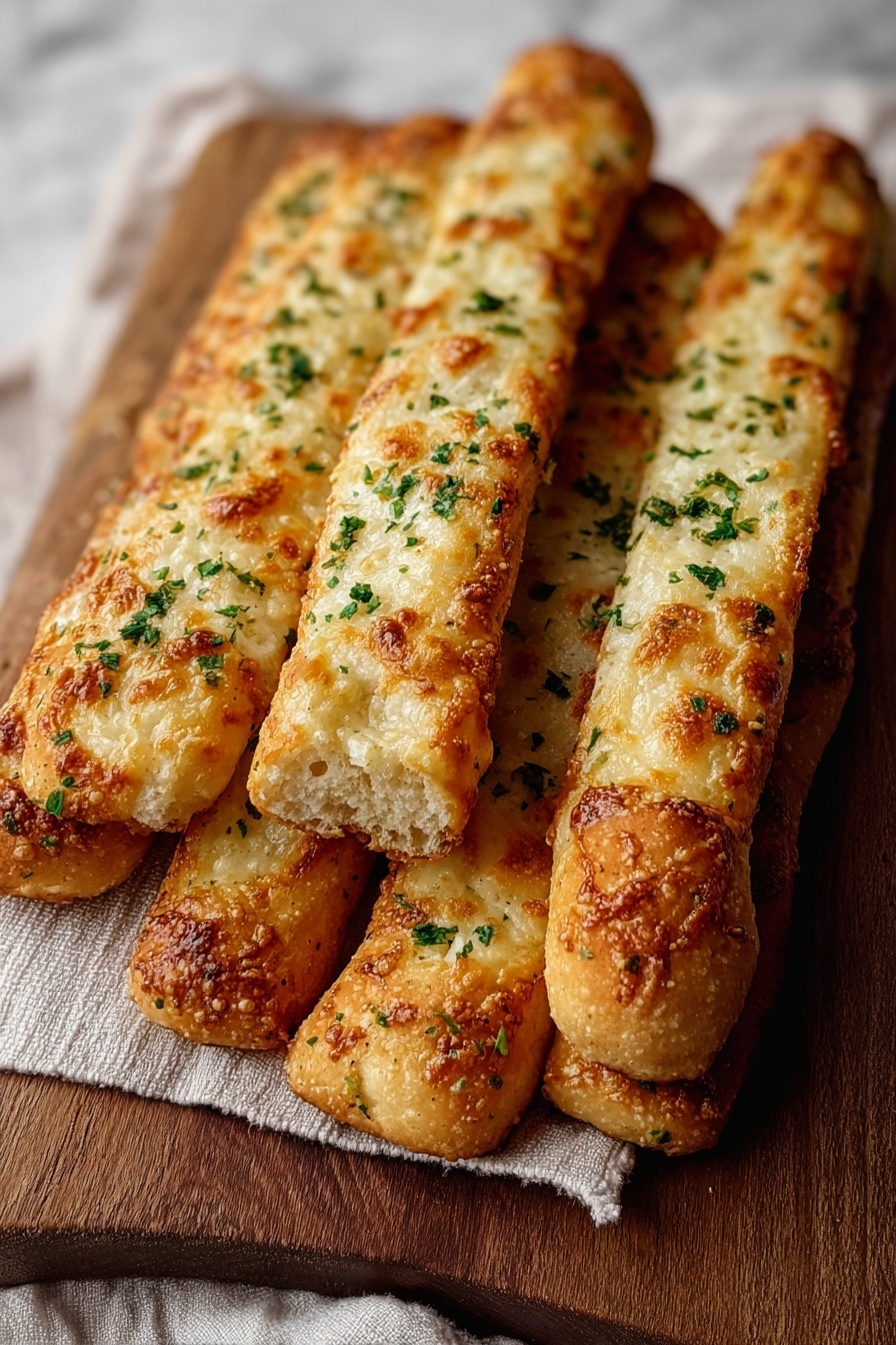 A wooden cutting board with garlic breadsticks.