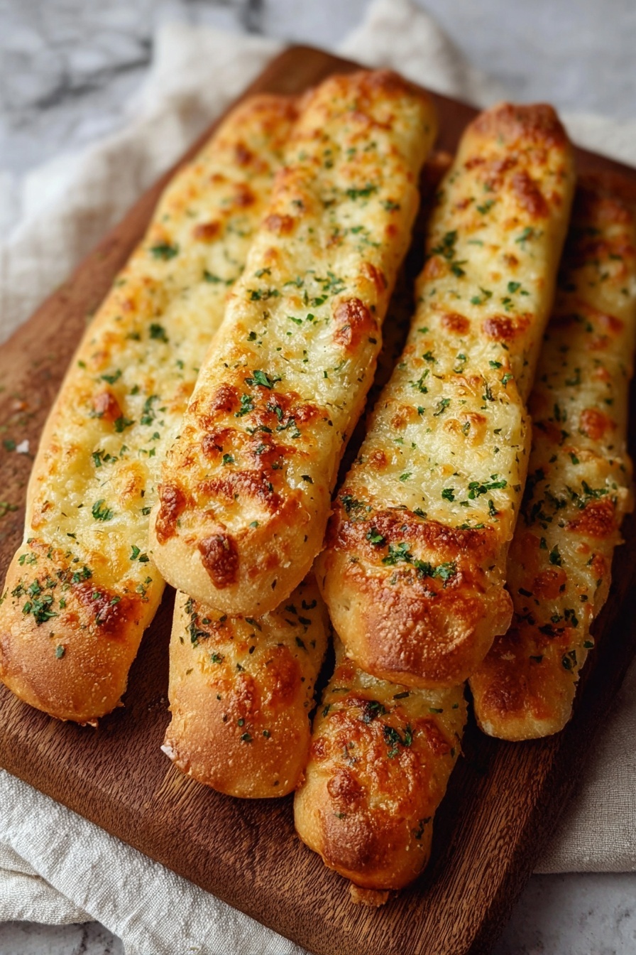 Garlic breadsticks on a wooden board.