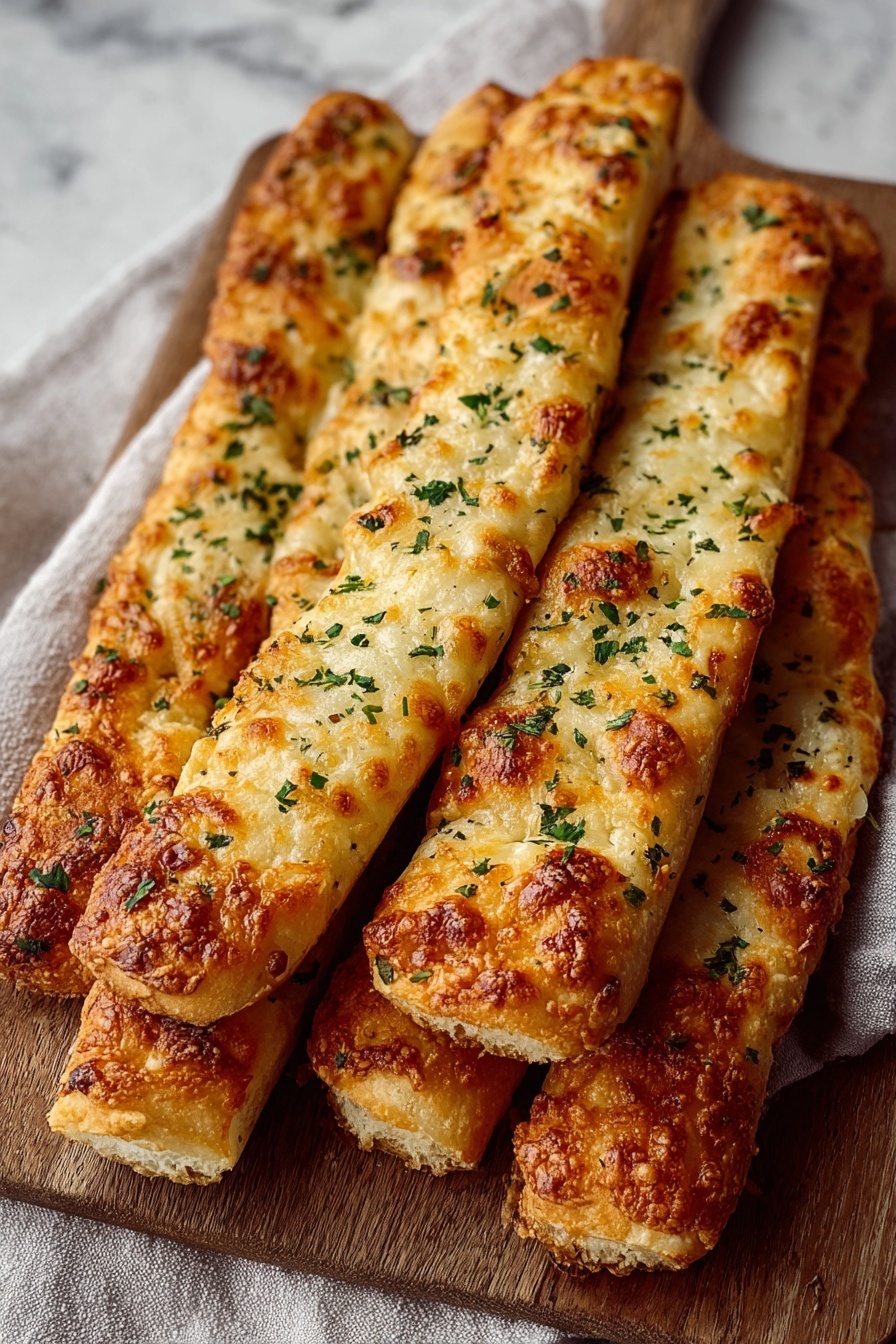 Garlic breadsticks on a table.