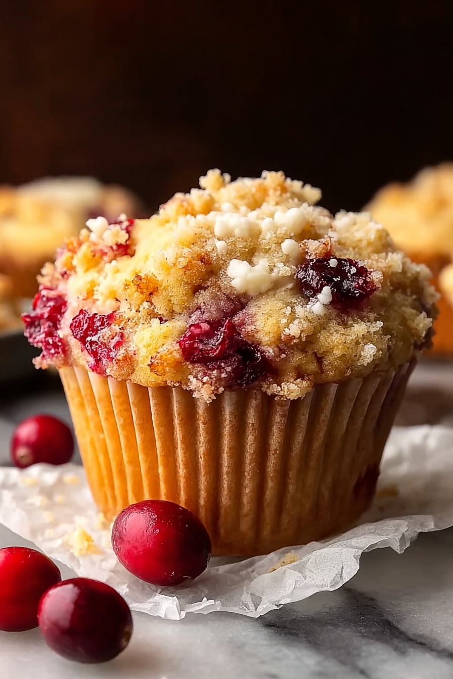 A close up of a muffin with cranberries and orange zest.
