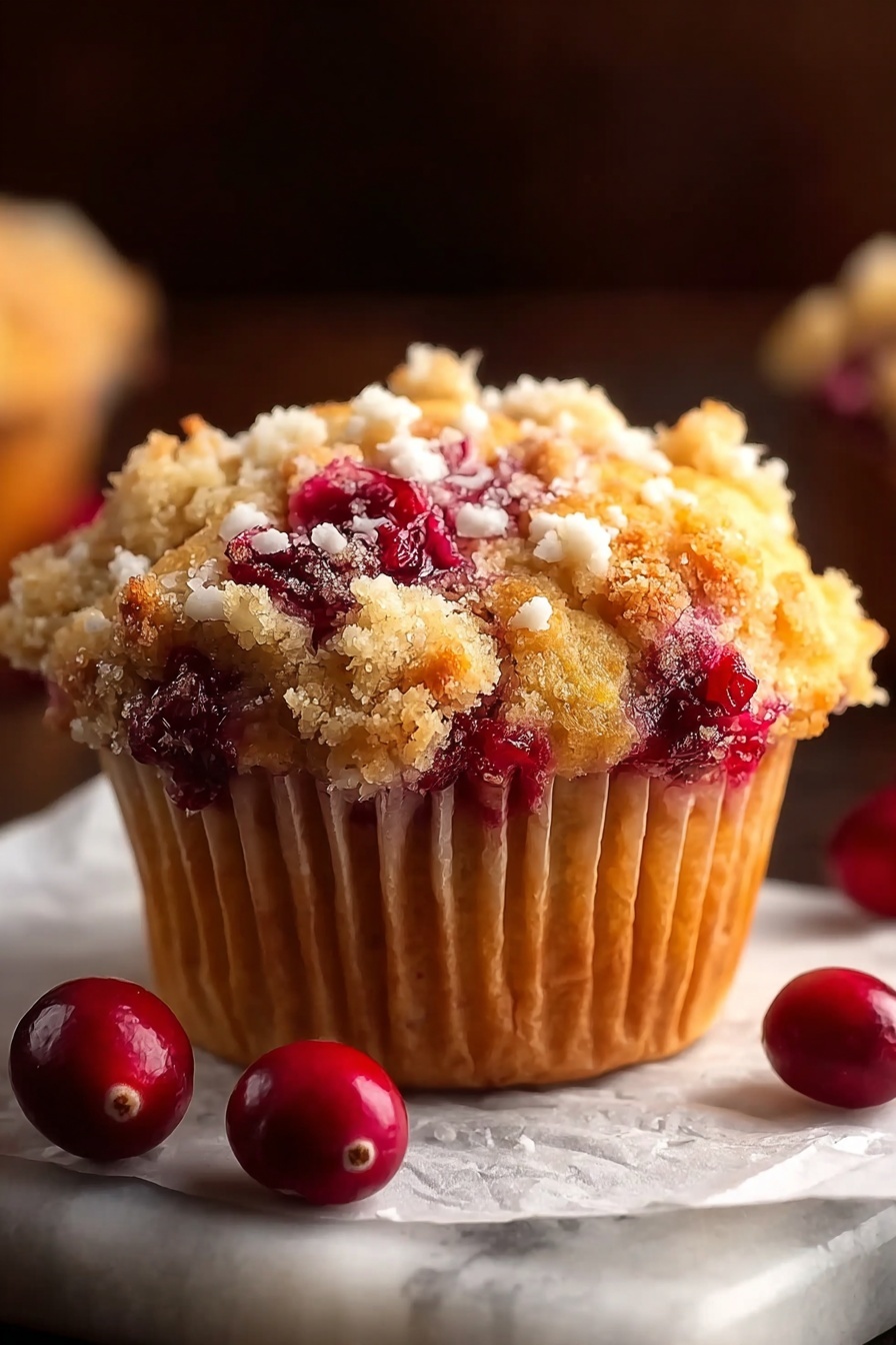 A close up of a cranberry orange muffin.