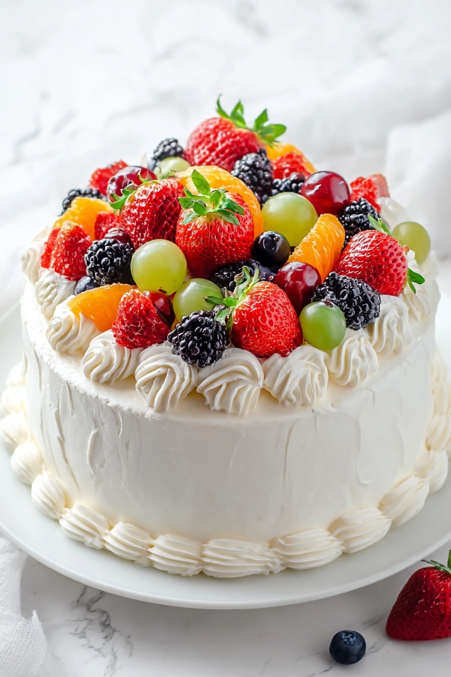 A delicious fruit cake with strawberries, grapes, and blueberries.