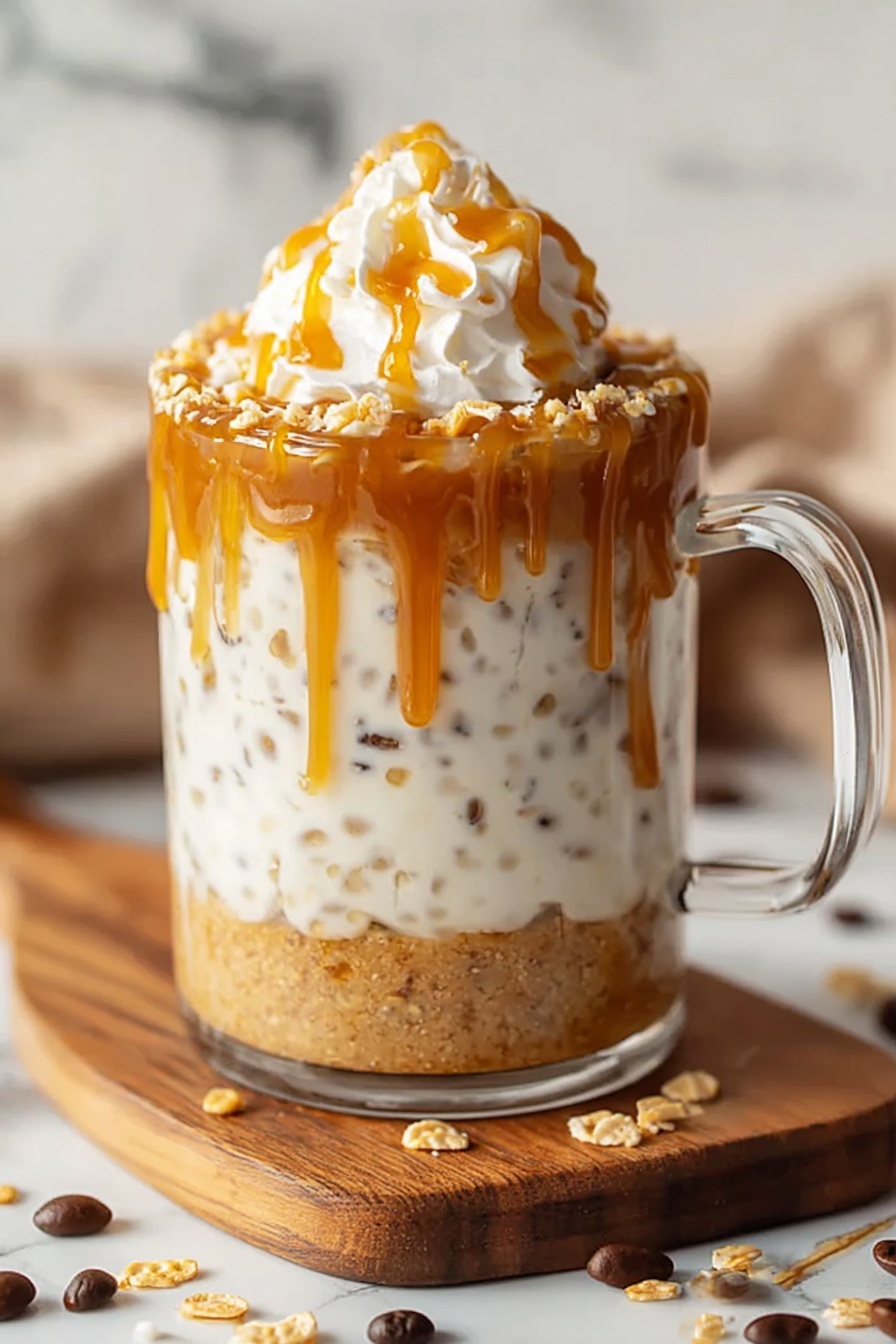 A glass of ice cream with whipped cream and caramel drizzle.