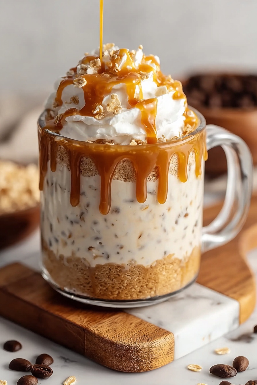 A dessert with caramel sauce and whipped cream.