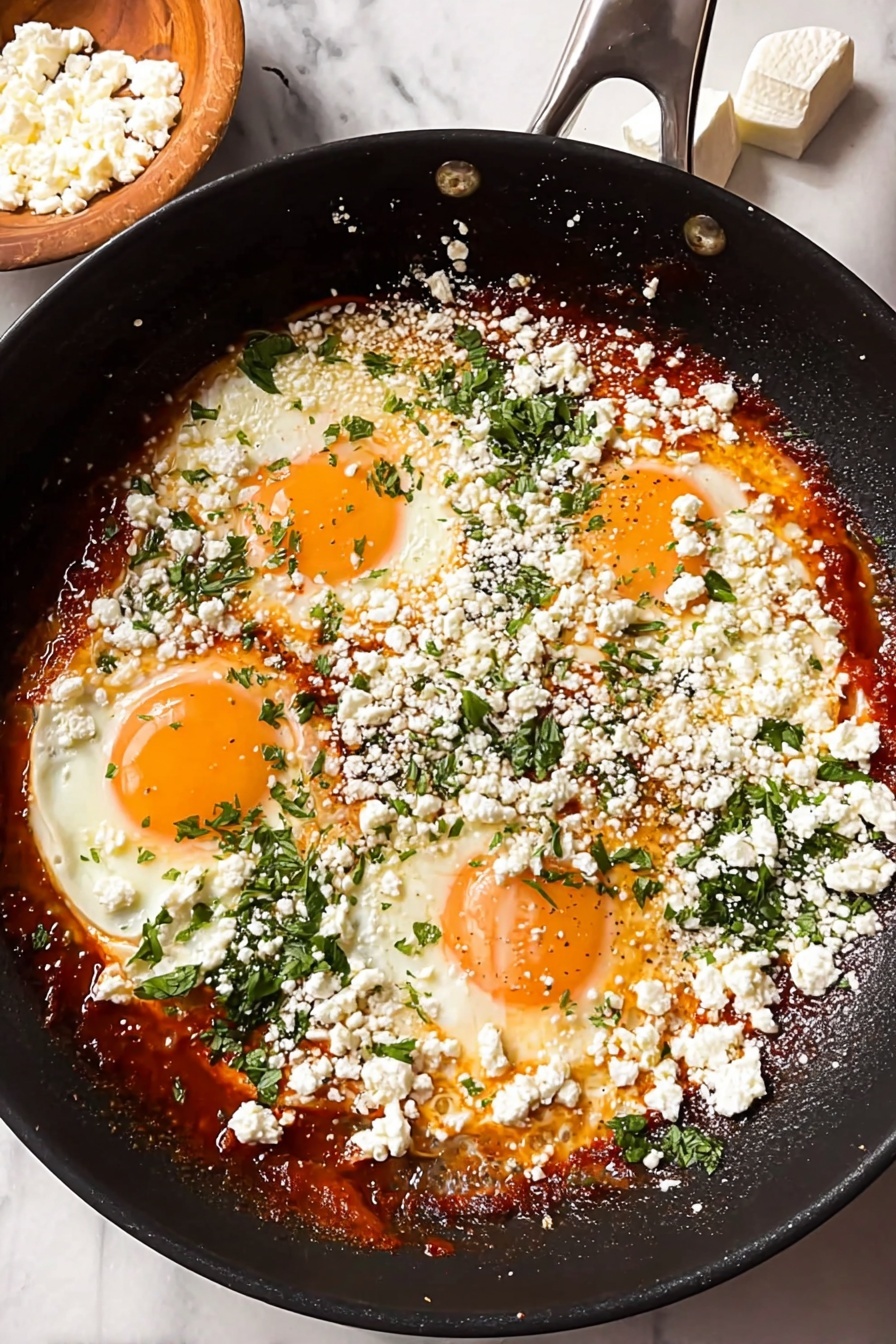 A dish of fried eggs with cheese and herbs.