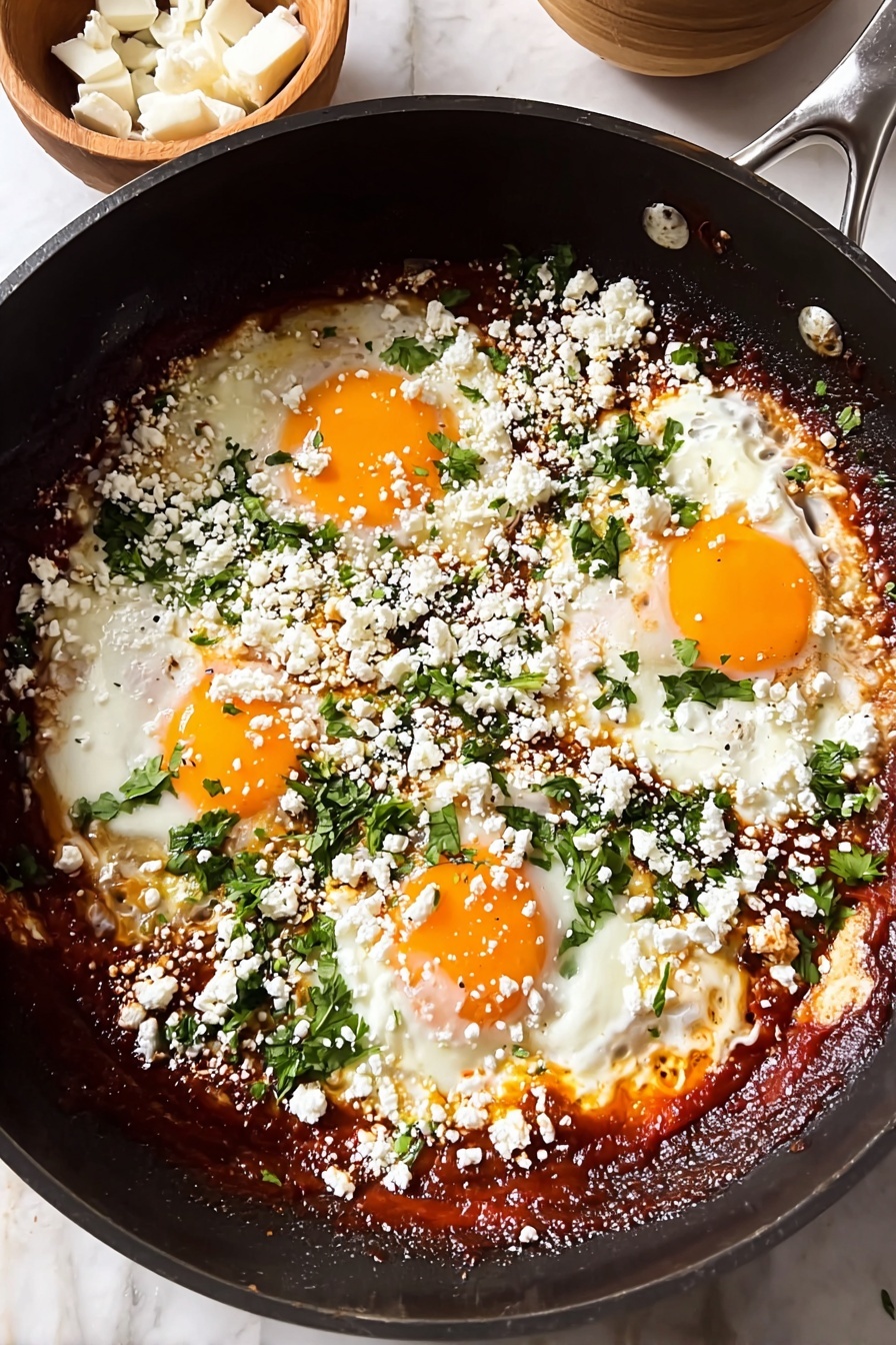 A dish of fried eggs with cheese and herbs.