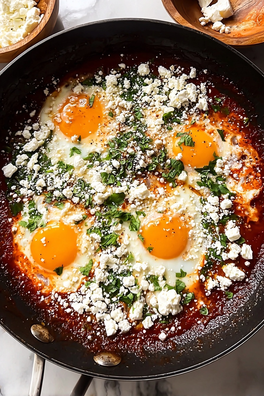 A dish of fried eggs with cheese and herbs.