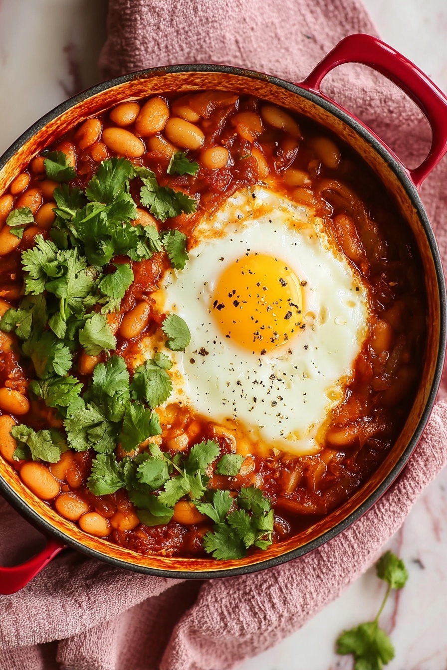 A bowl of beans and eggs in chipotle tomato sauce.