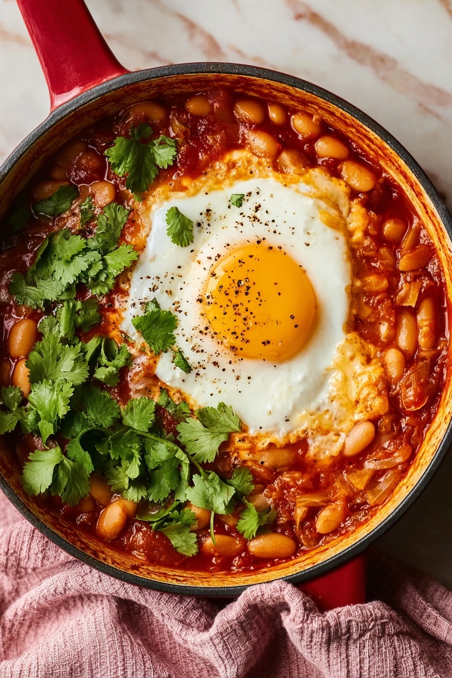 A bowl of beans and eggs in chipotle tomato sauce.