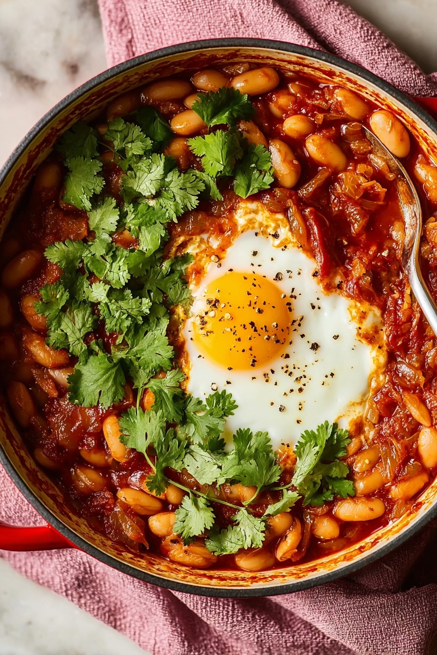 A bowl of beans and eggs in chipotle tomato sauce.