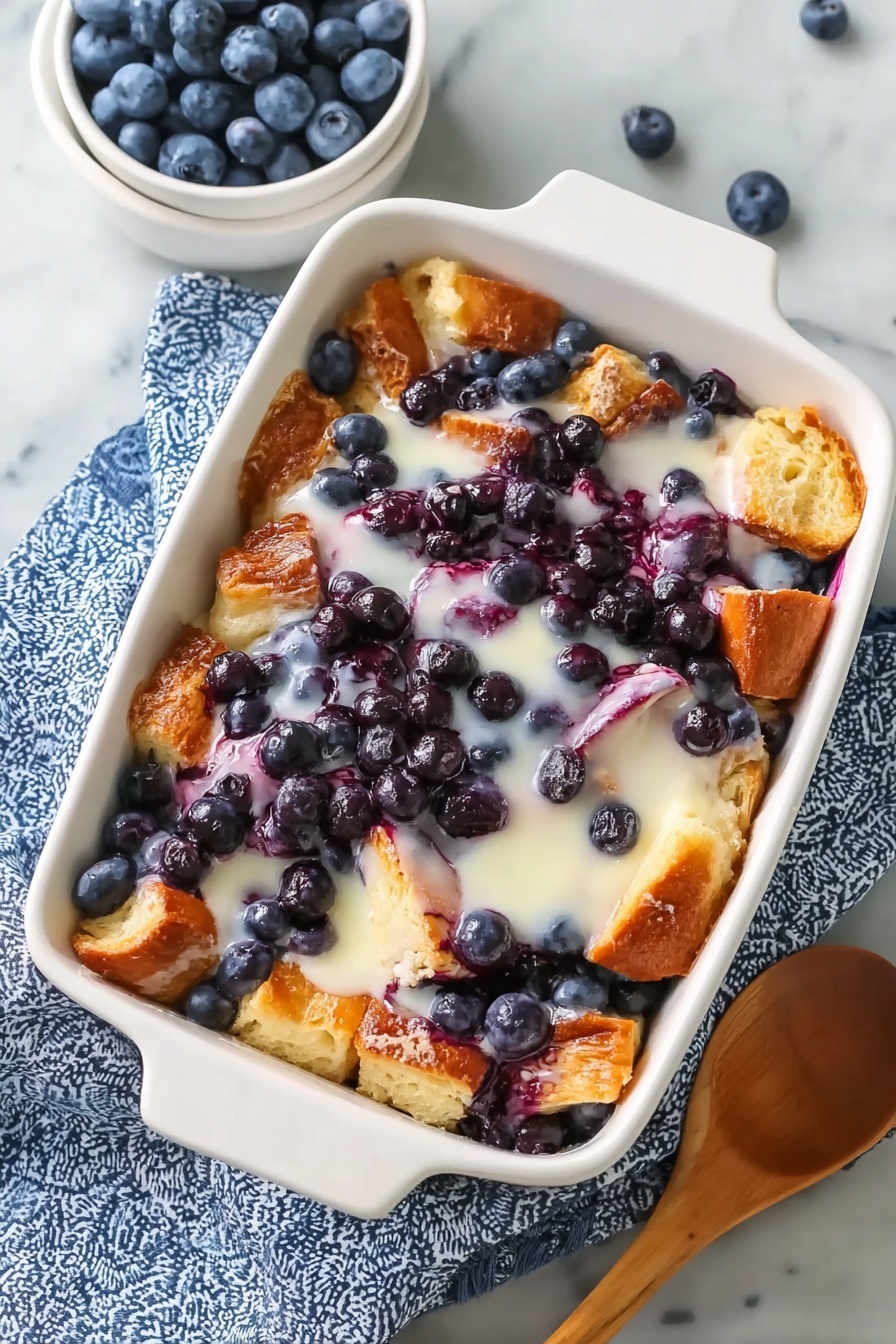 A white bowl filled with a blueberry French toast casserole.