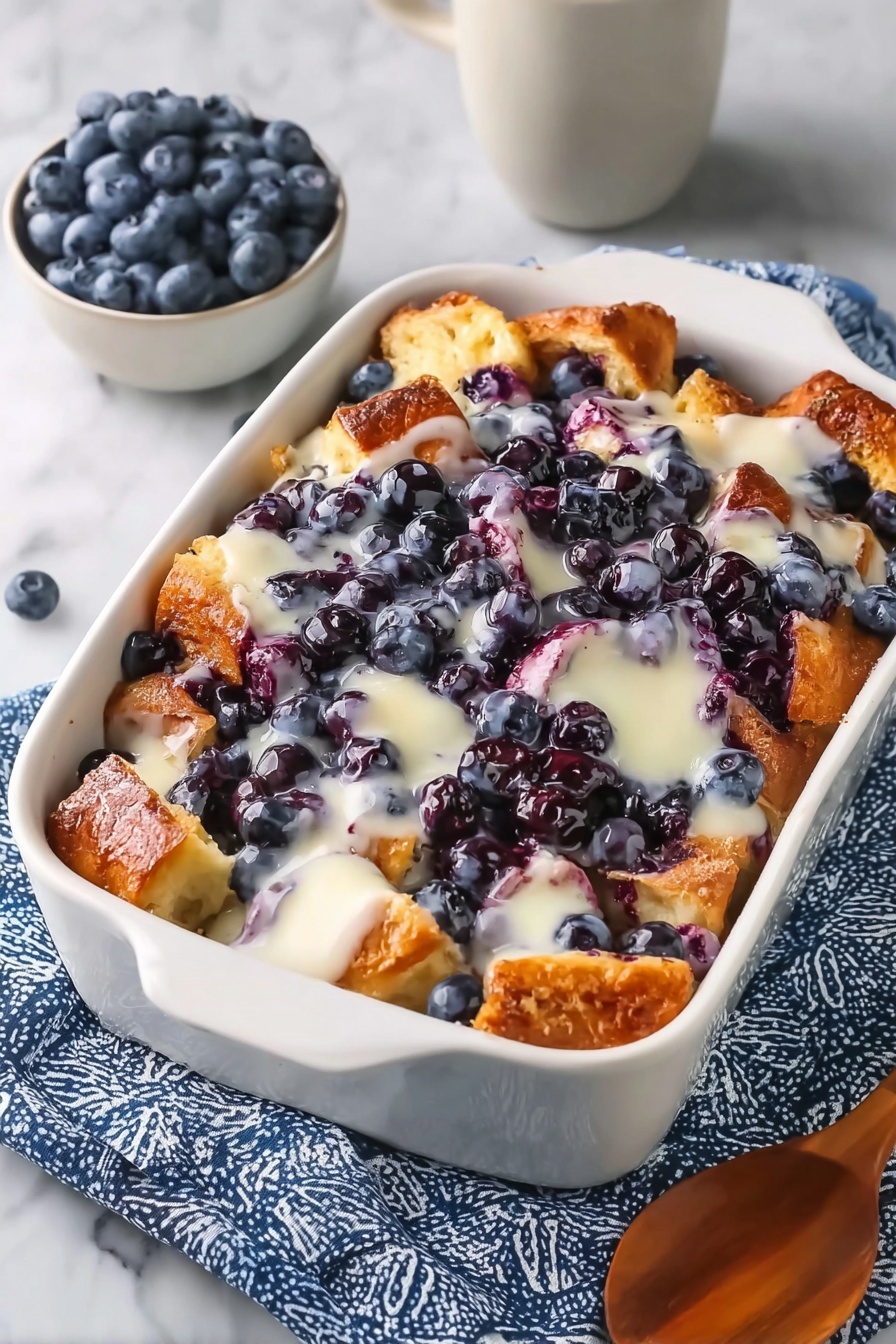 A white bowl filled with blueberry French toast casserole.
