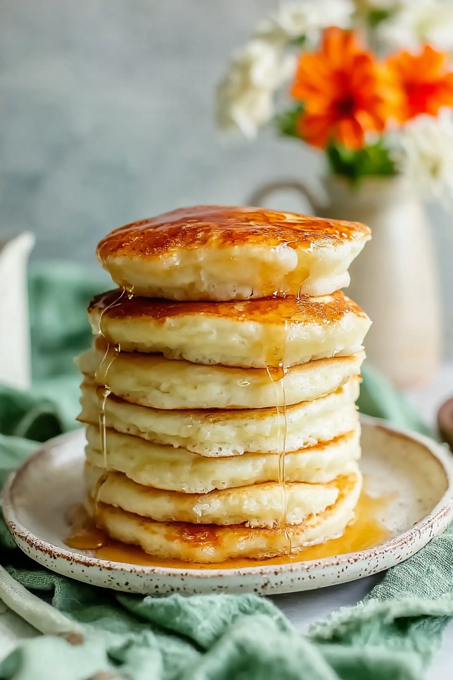 Fluffy pancakes stacked on a plate.