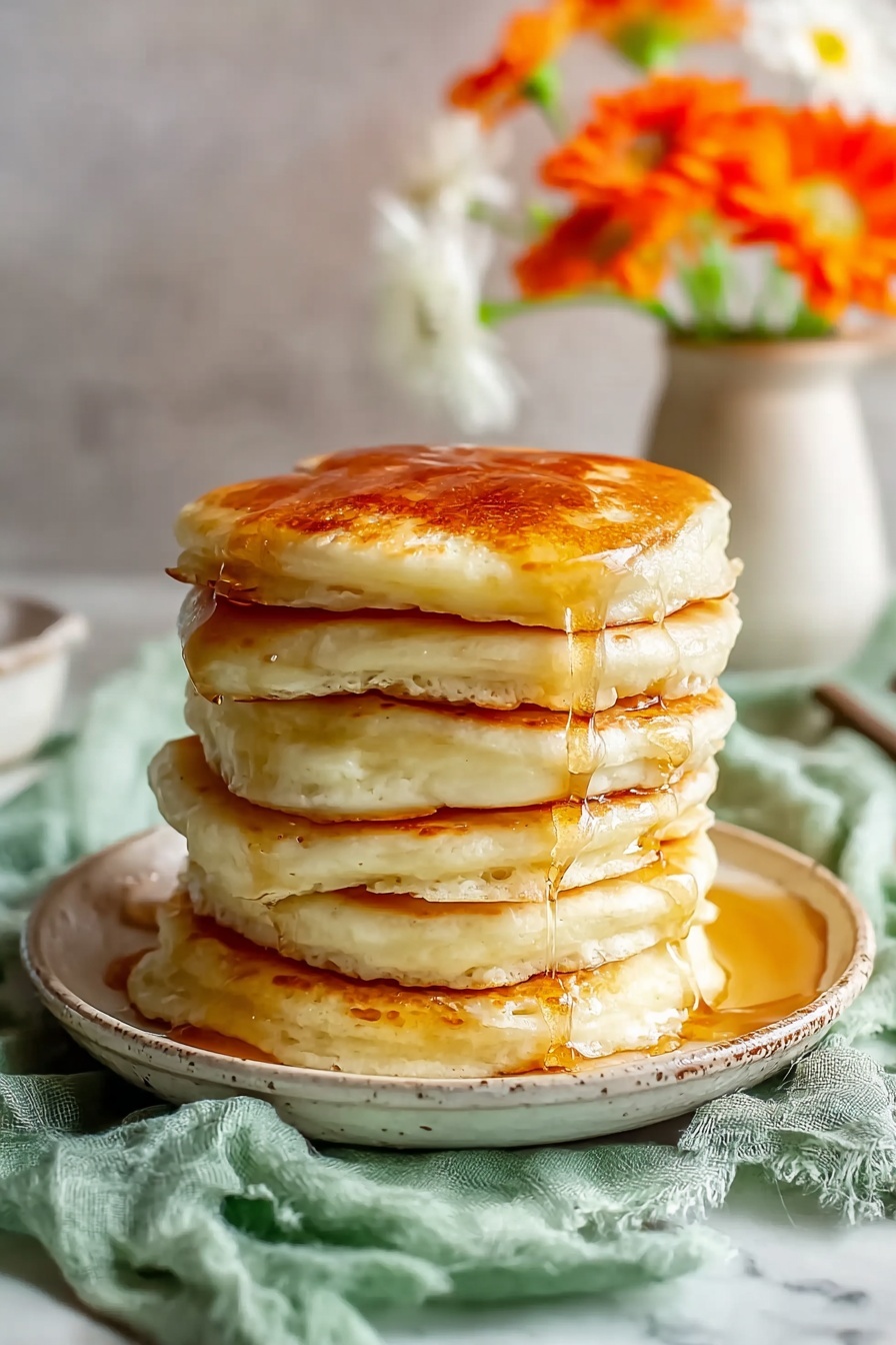 A stack of fluffy pancakes on a plate.