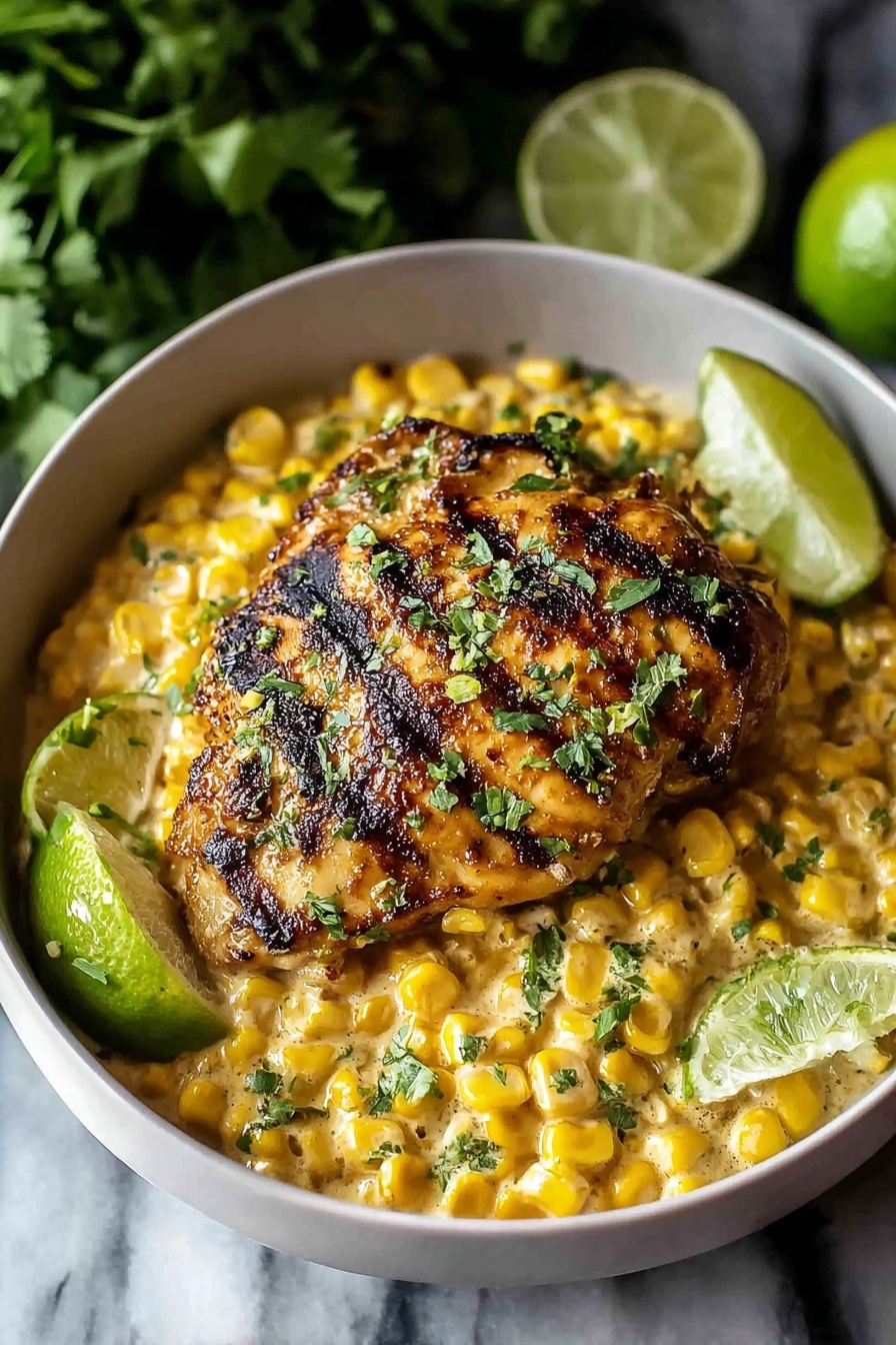 A bowl of chicken with corn on the cob and lime.