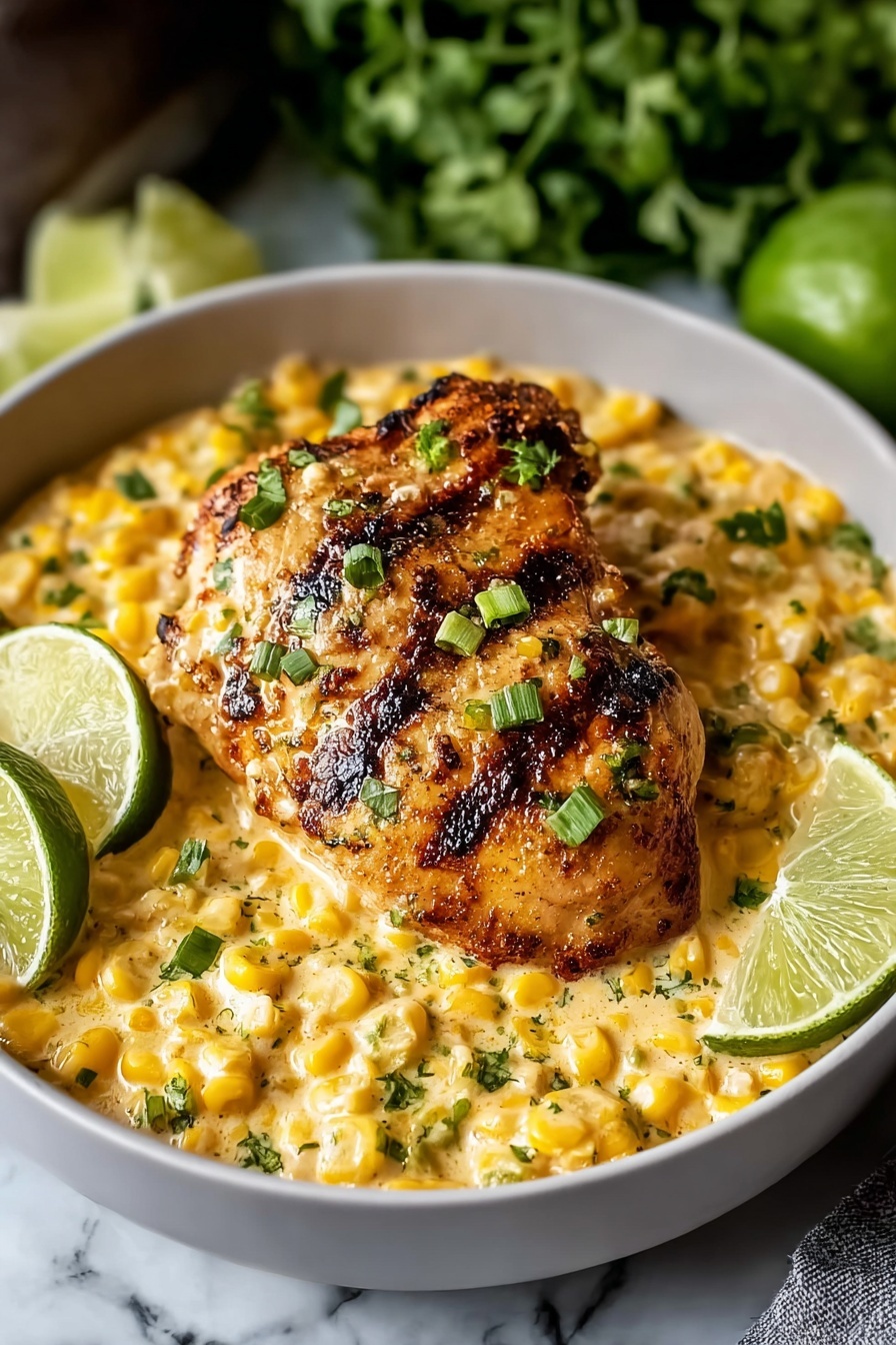 A bowl of chicken with corn on the cob and lime.