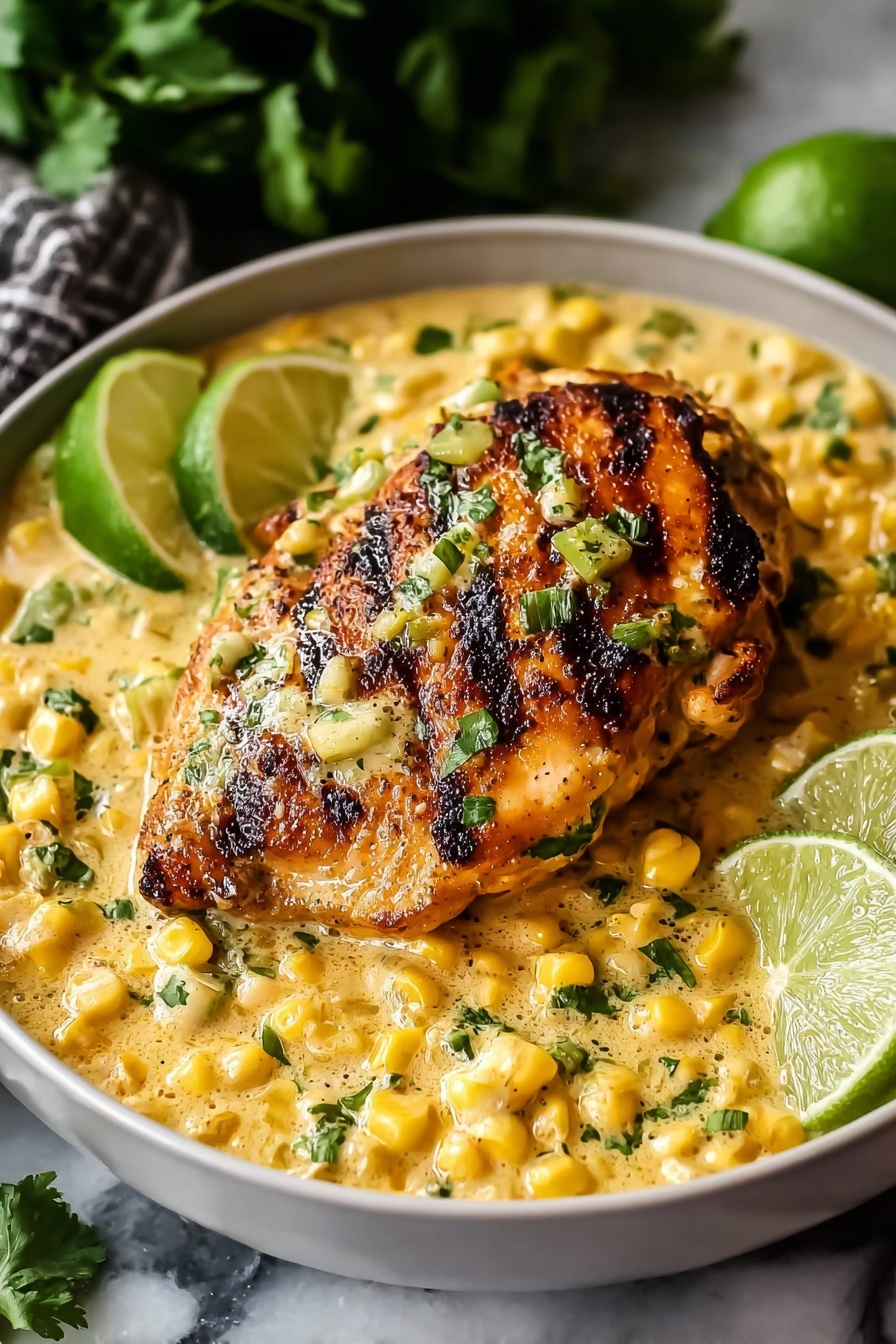 A bowl of chicken with lime and corn.