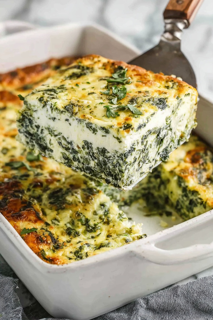 A square of spinach and feta casserole.