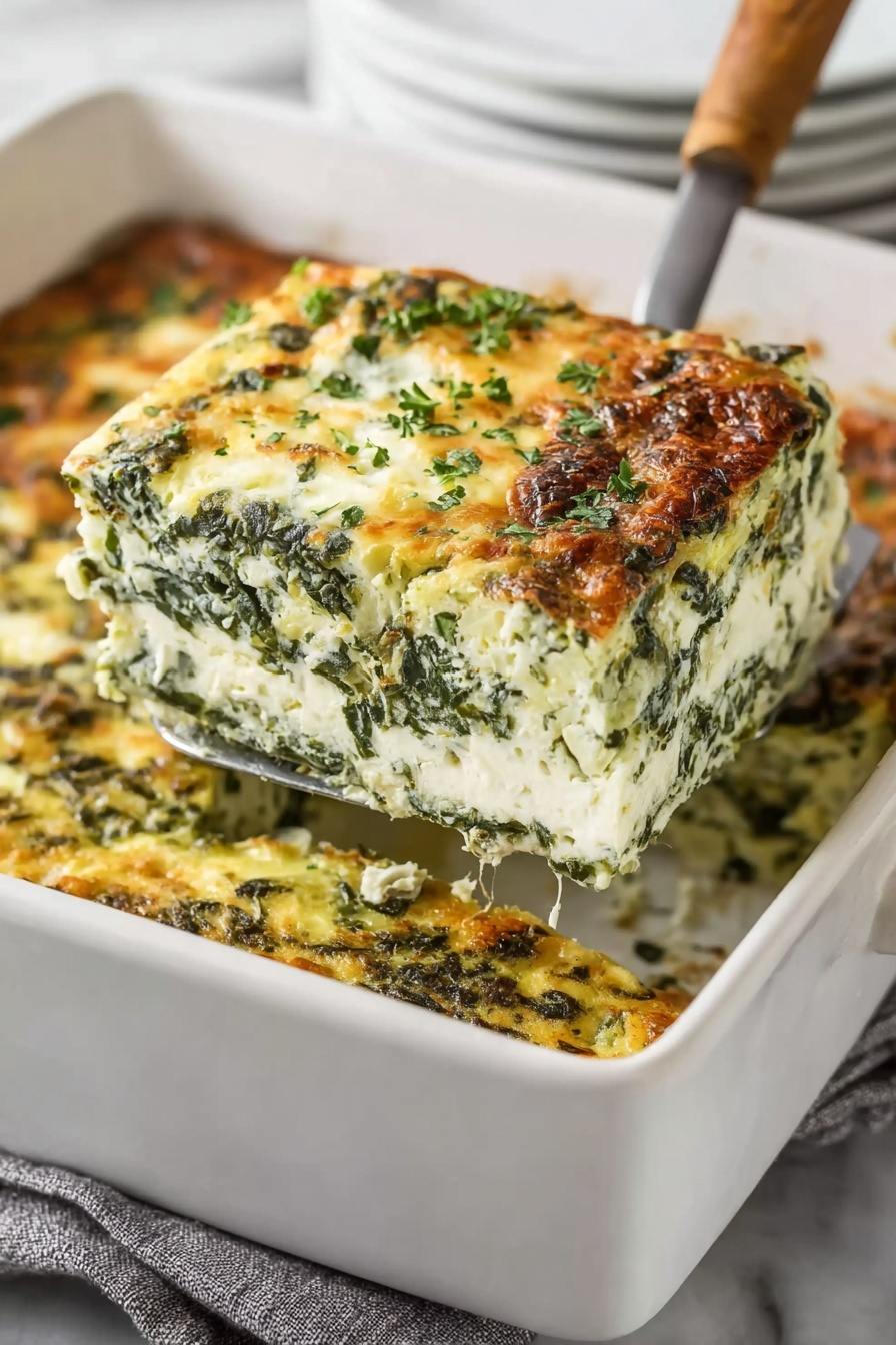 A square of broccoli casserole with a fork on top.