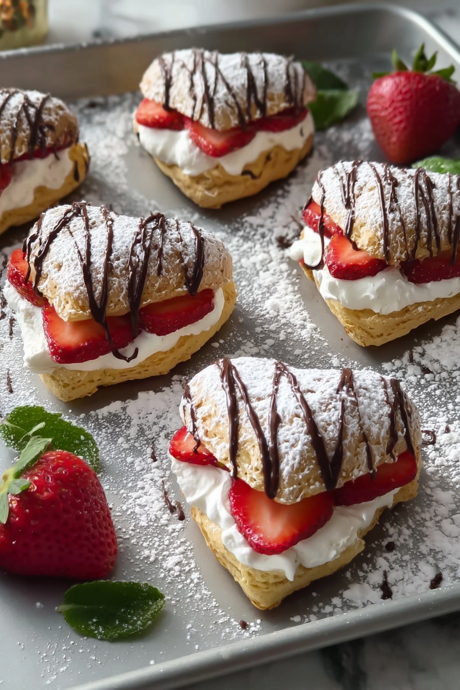 Strawberry cream puffs with chocolate drizzle.