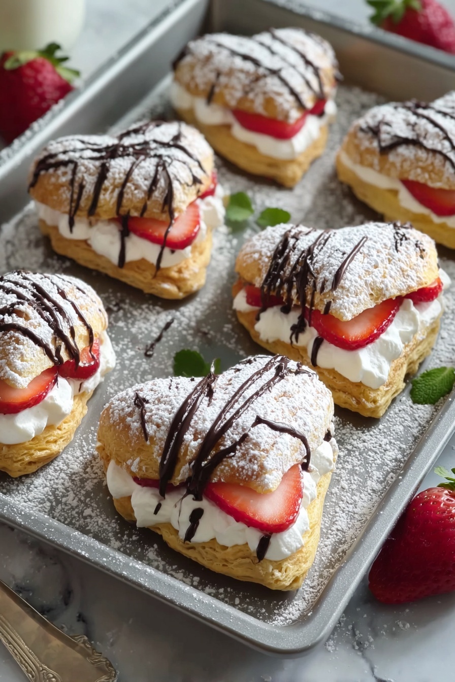 A tray of strawberry cream puffs with chocolate drizzle.