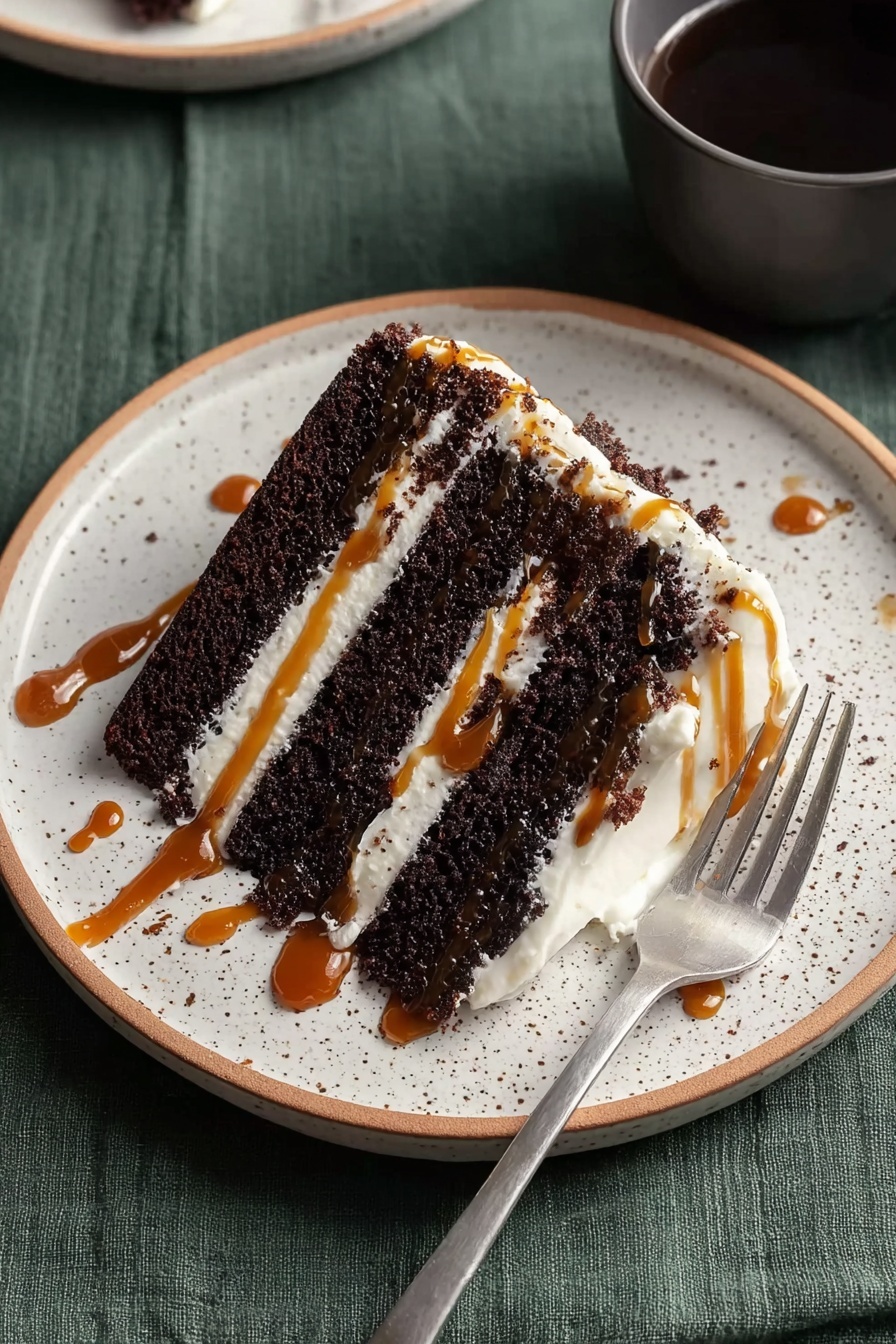 A slice of Guinness chocolate cake with caramel drizzle.