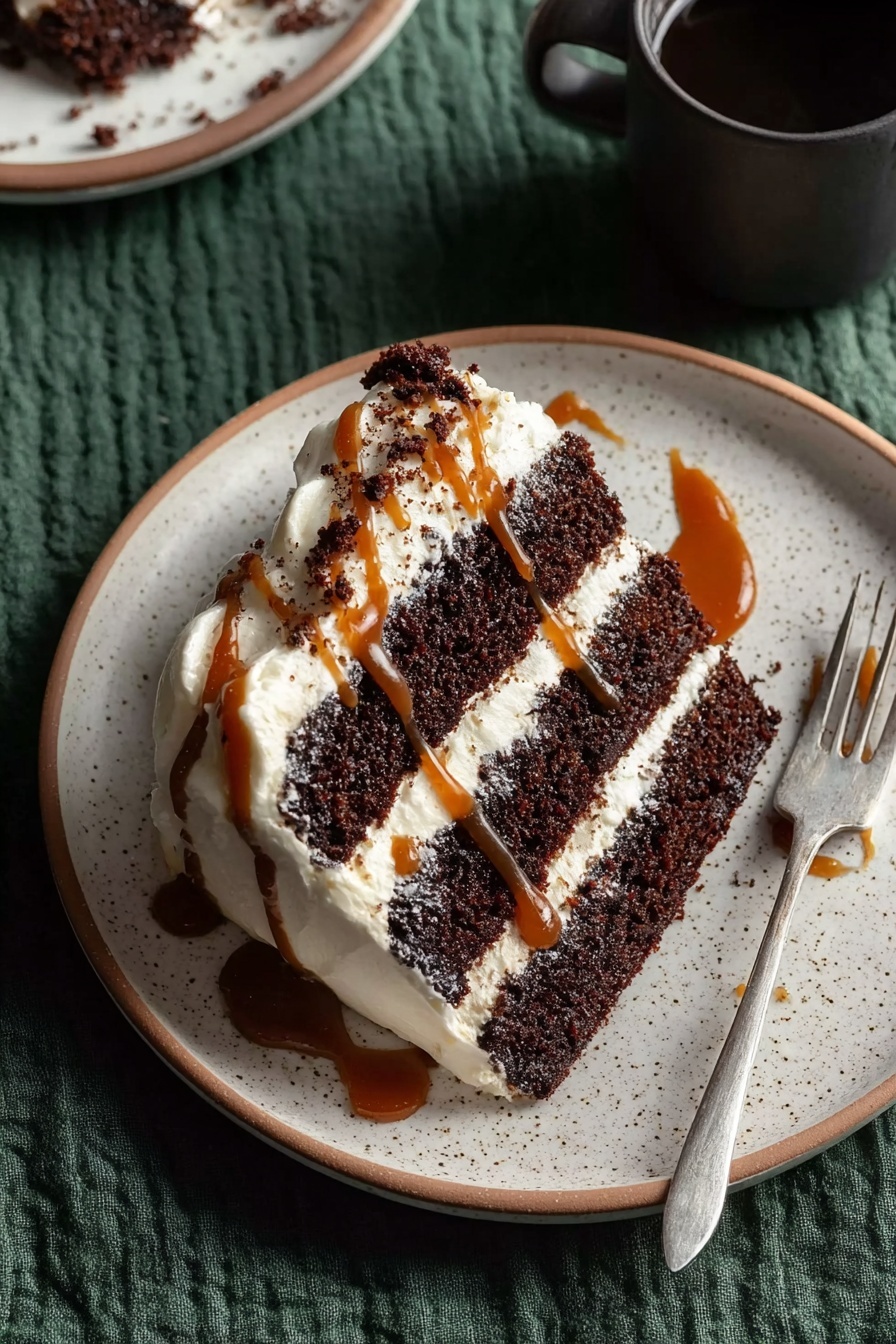 A slice of Guinness chocolate cake with caramel drizzle.