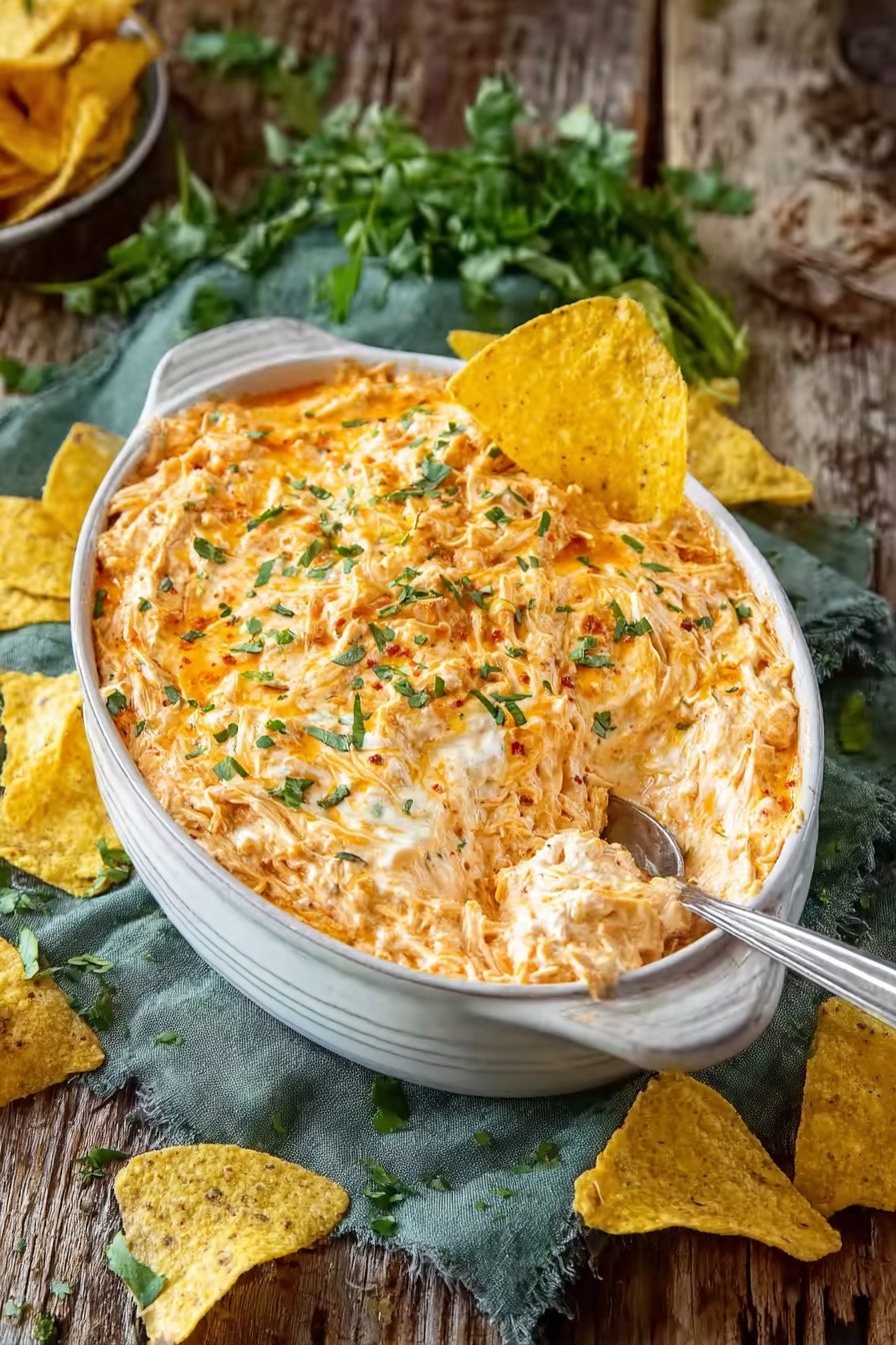A bowl of buffalo chicken dip with a spoon in it.