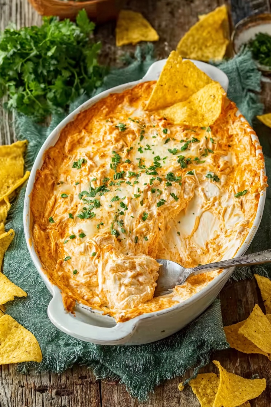 A white bowl filled with a buffalo chicken dip.