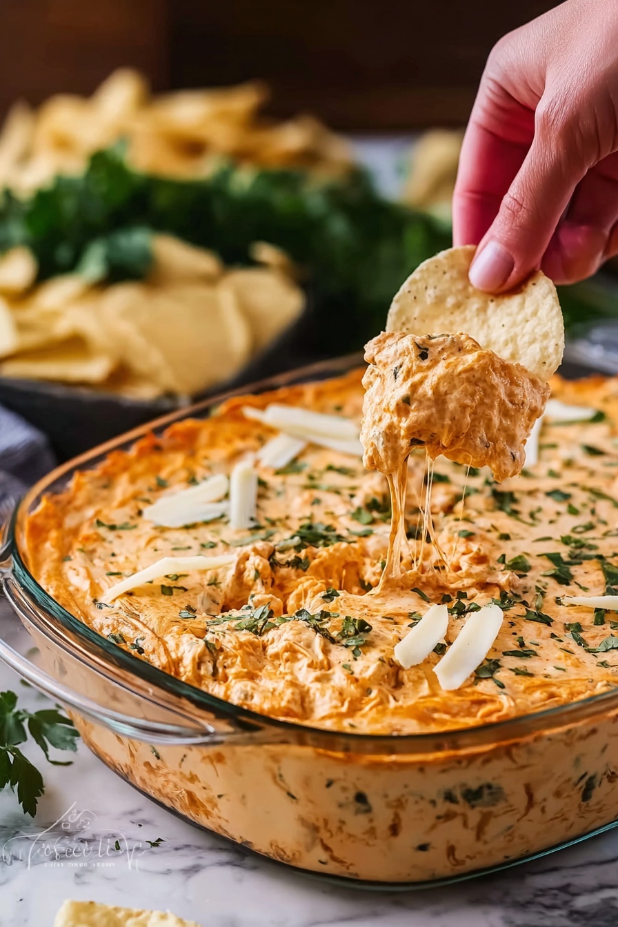A person is scooping up some buffalo chicken dip.