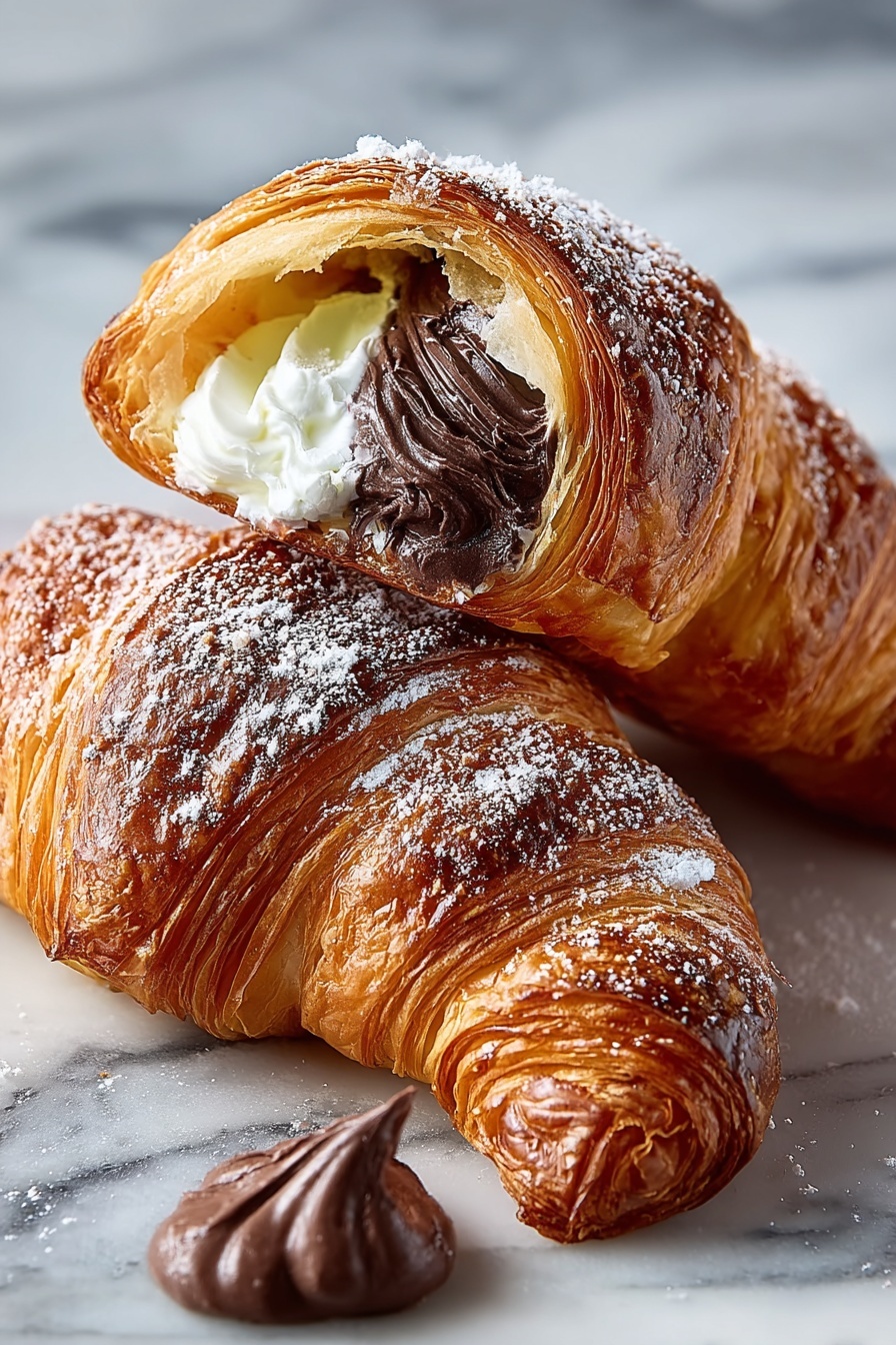 Two croissants filled with chocolate and whipped cream.