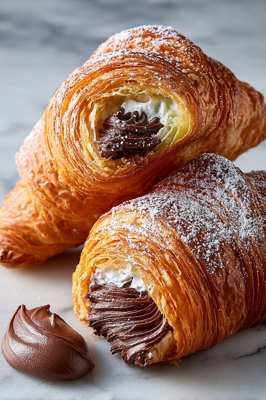 Two croissants with chocolate and white cream.
