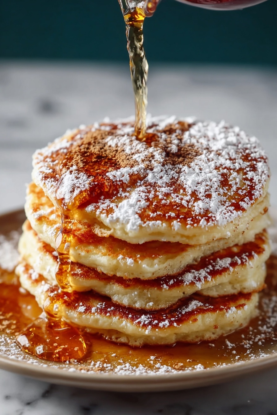 A stack of pancakes with syrup drizzled on top.