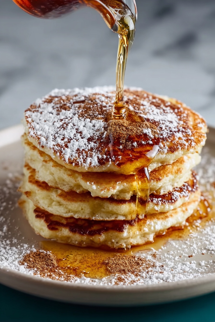 A stack of pancakes with syrup drizzled on top.